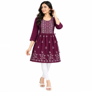 Sifny Women’s Kurti with White Thread Embroidery – Elegant Ethnic Tunic Top , Round Neck, 3/4 Sleeves, Flared Fit & Knee Length