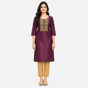 Women's Art Silk Embroidered Straight Kurti | Round Neck 3/4 Sleeve Ethnic Kurta | Regular Fit